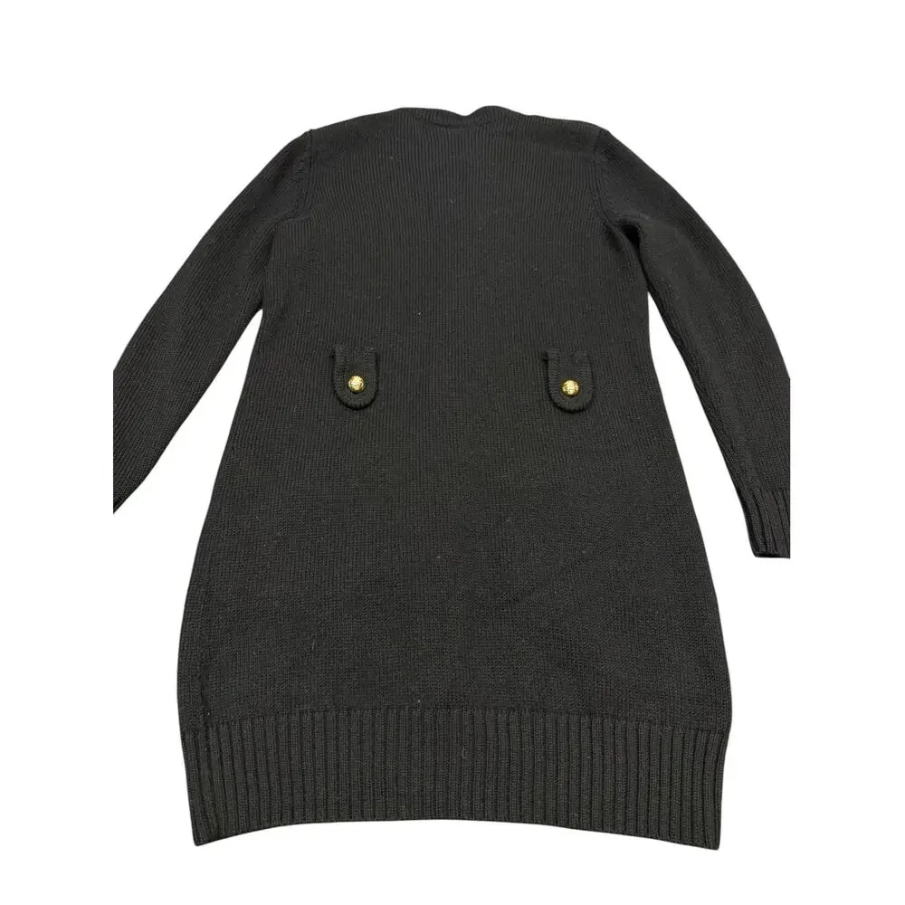 Tory Burch Long 100% Wool Cardigan Coat XL Black Gold Logo Buttons